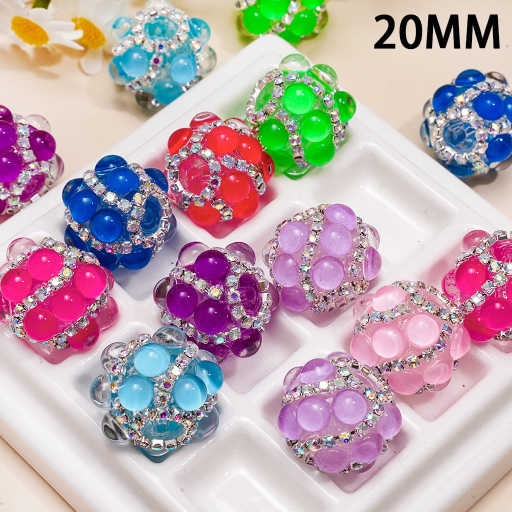 Hand-Made Acrylic Beads with Clear Half-Shell Round and AB Rhinestone Chains, 20MM,  Neon Colors