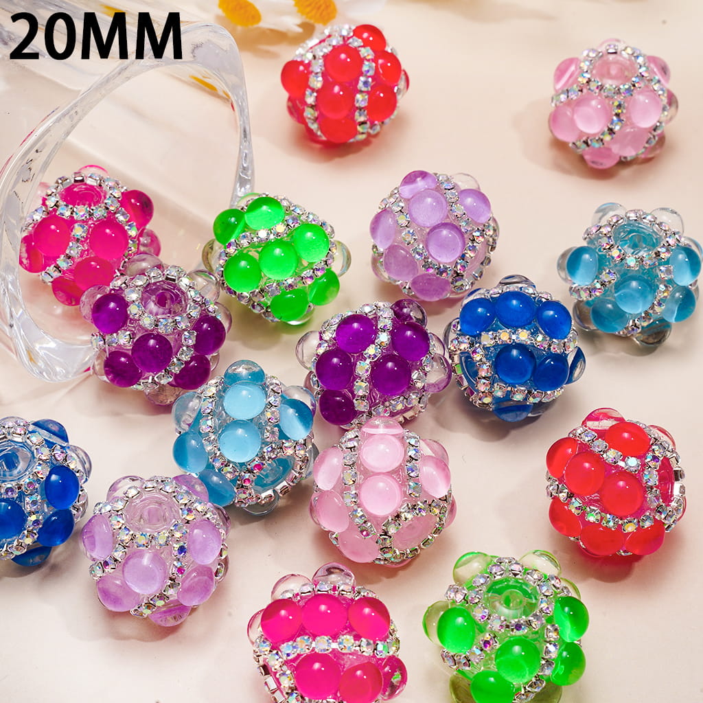 Hand-Made Acrylic Beads with Clear Half-Shell Round and AB Rhinestone Chains, 20MM,  Neon Colors