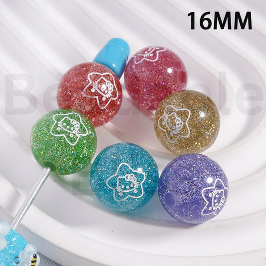 Acrylic Beads Cute Hello Kitt Star Printed Glitter Inside, 16MM, Random Mix
