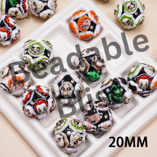 Clay Beads with Horror Character Series and AB Rhinestones, 20MM, White and Black Background, Random Mix