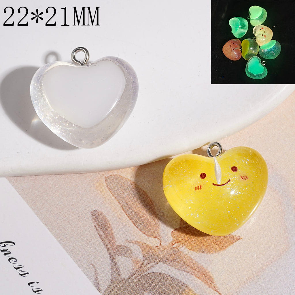 Heart-Shaped Slices Luminous Acrylic Pendants with Smile Face and Glitter, 22*21MM Multi-Color Random Mix