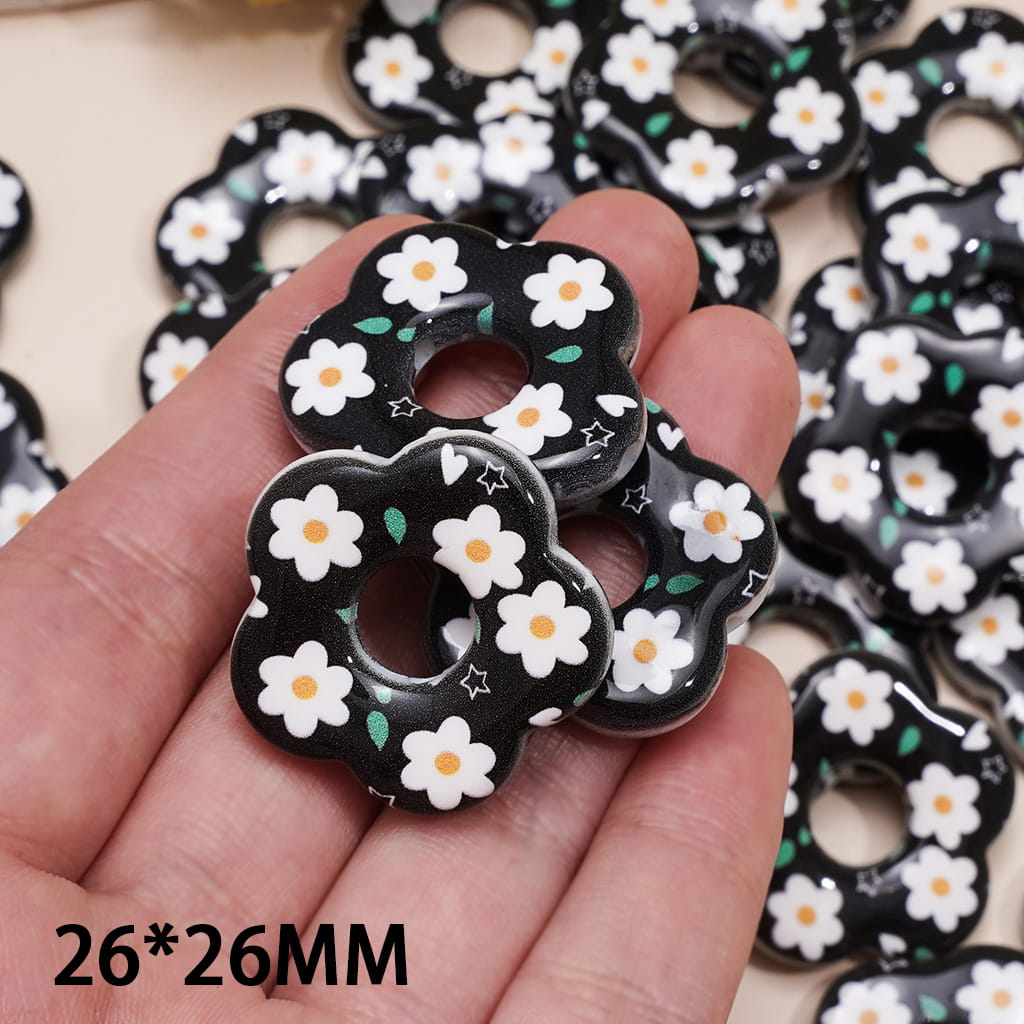Hollow Black Flower Acrylic Beads with White Daisy Flowers Prints, 26*26MM
