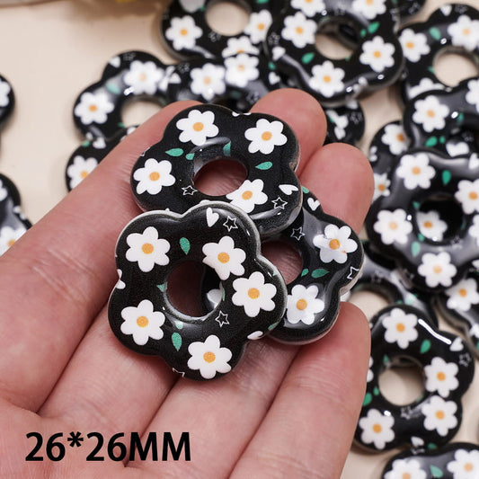 Hollow Black Flower Acrylic Beads with White Daisy Flowers Prints, 26*26MM