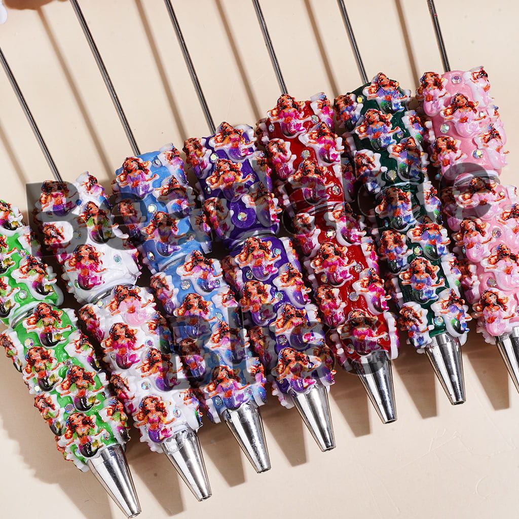 Beadable Clay Pens Mermaid Princess Character and AB Rhinestones, Multi-Color, Random Mix