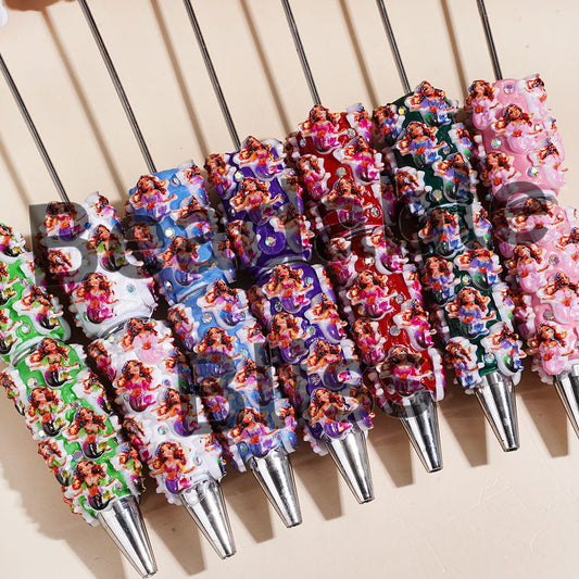 Beadable Clay Pens Mermaid Princess Character and AB Rhinestones, Multi-Color, Random Mix