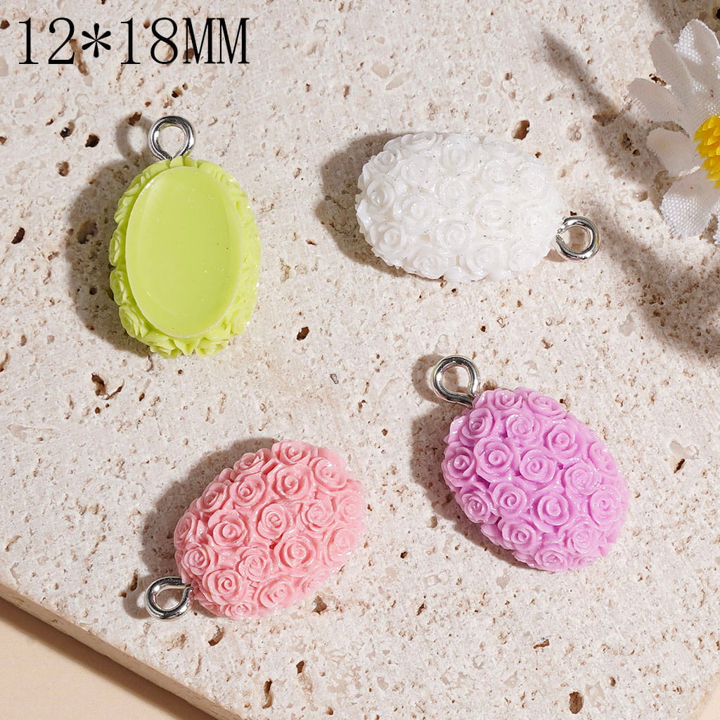 Oval Shaped Clay Pendants wtih Rose Flower, 12*18MM Multi-Color Random Mix