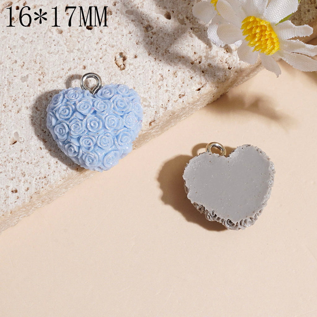 Heart Shaped Clay Pendants with Rose Flower, 16*17MM Multi-Color Random Mix