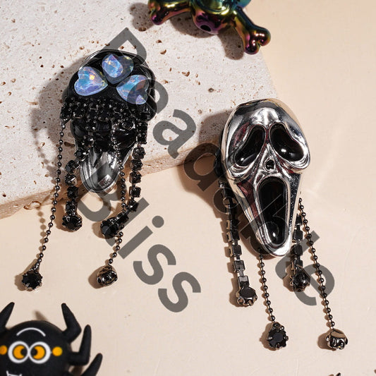 Gothic Style Clay Beads with Metal Horror Mask, Black Rhinestone Tassel and Dazzling Heart Crystal