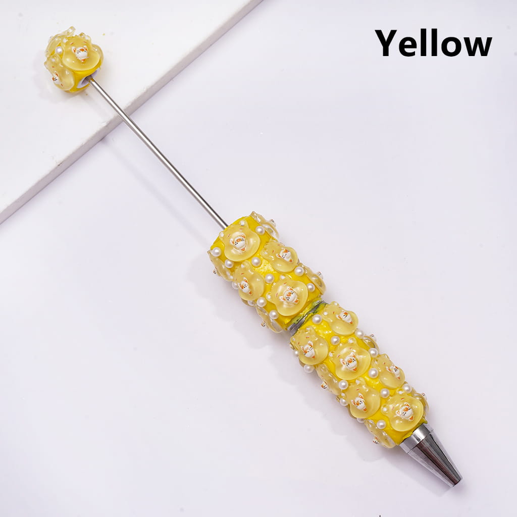 Beadable Clay Pen with Various Colors Cute Bear Face and White Pearls, Semi-Clear Color