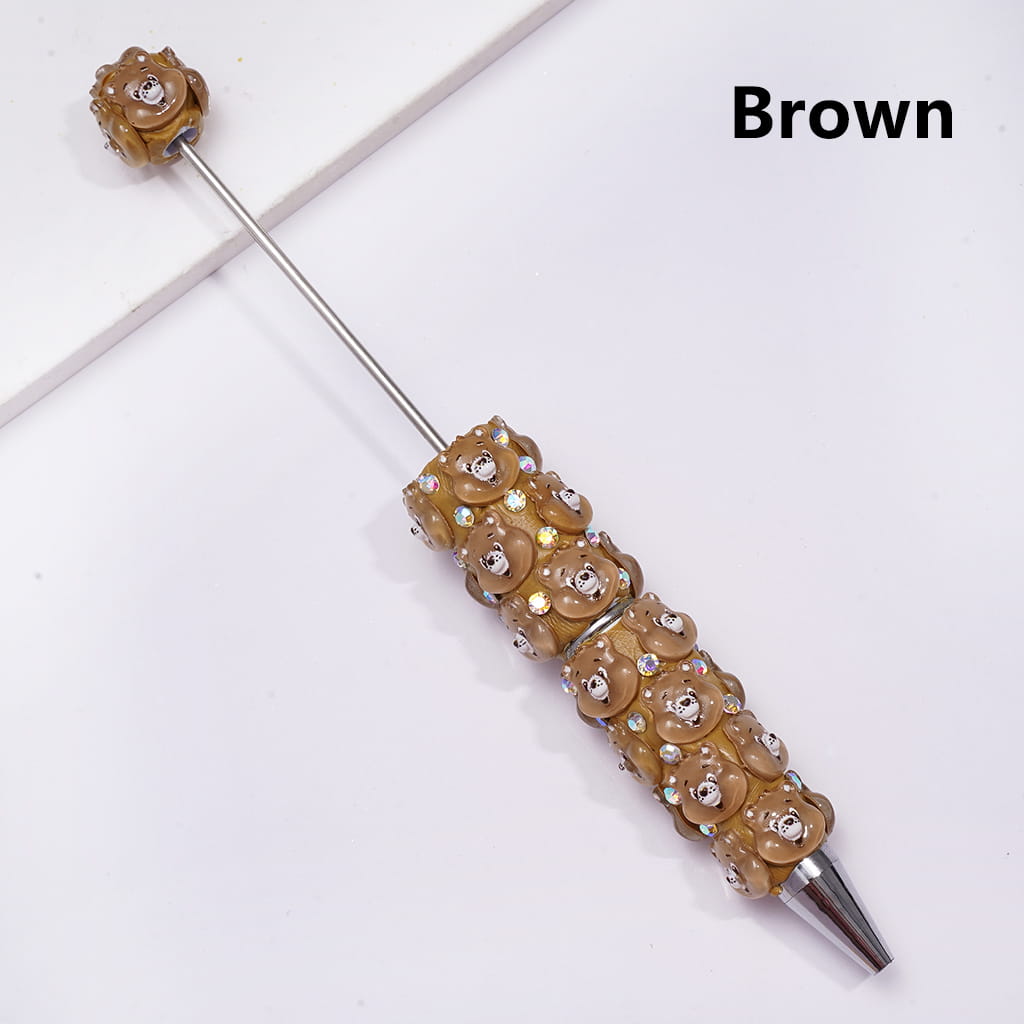 Beadable Clay Pen with Various Colors Cute Bear Face and White Pearls, Semi-Clear Color