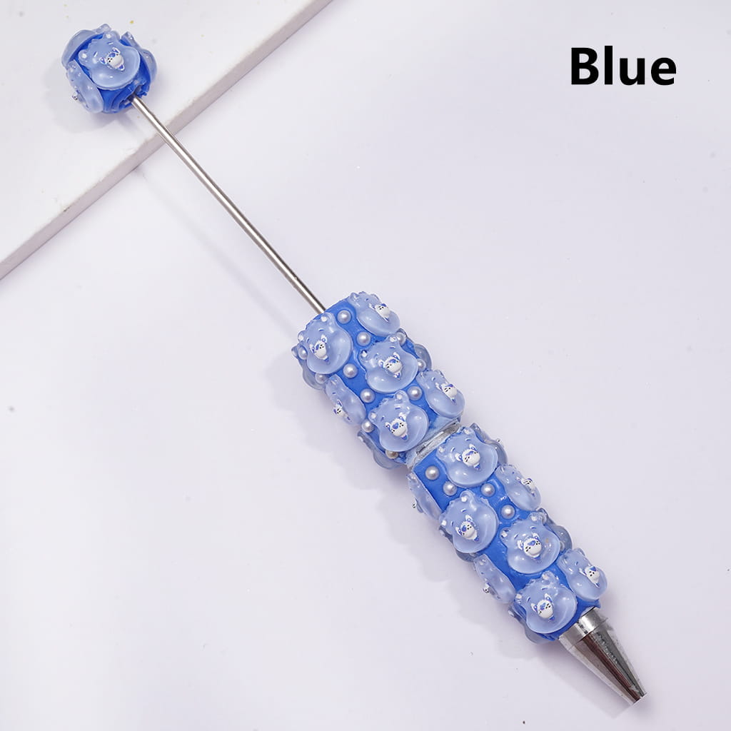 Beadable Clay Pen with Various Colors Cute Bear Face and White Pearls, Semi-Clear Color