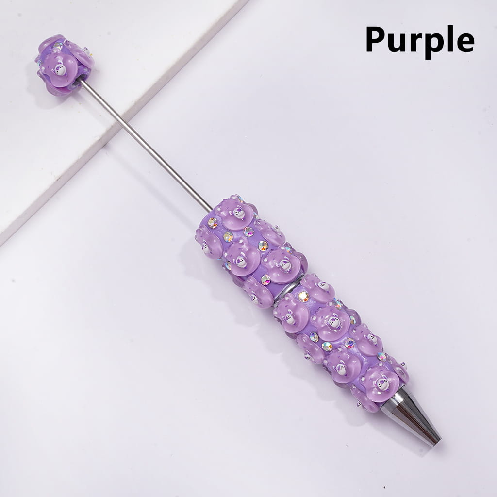 Beadable Clay Pen with Various Colors Cute Bear Face and White Pearls, Semi-Clear Color