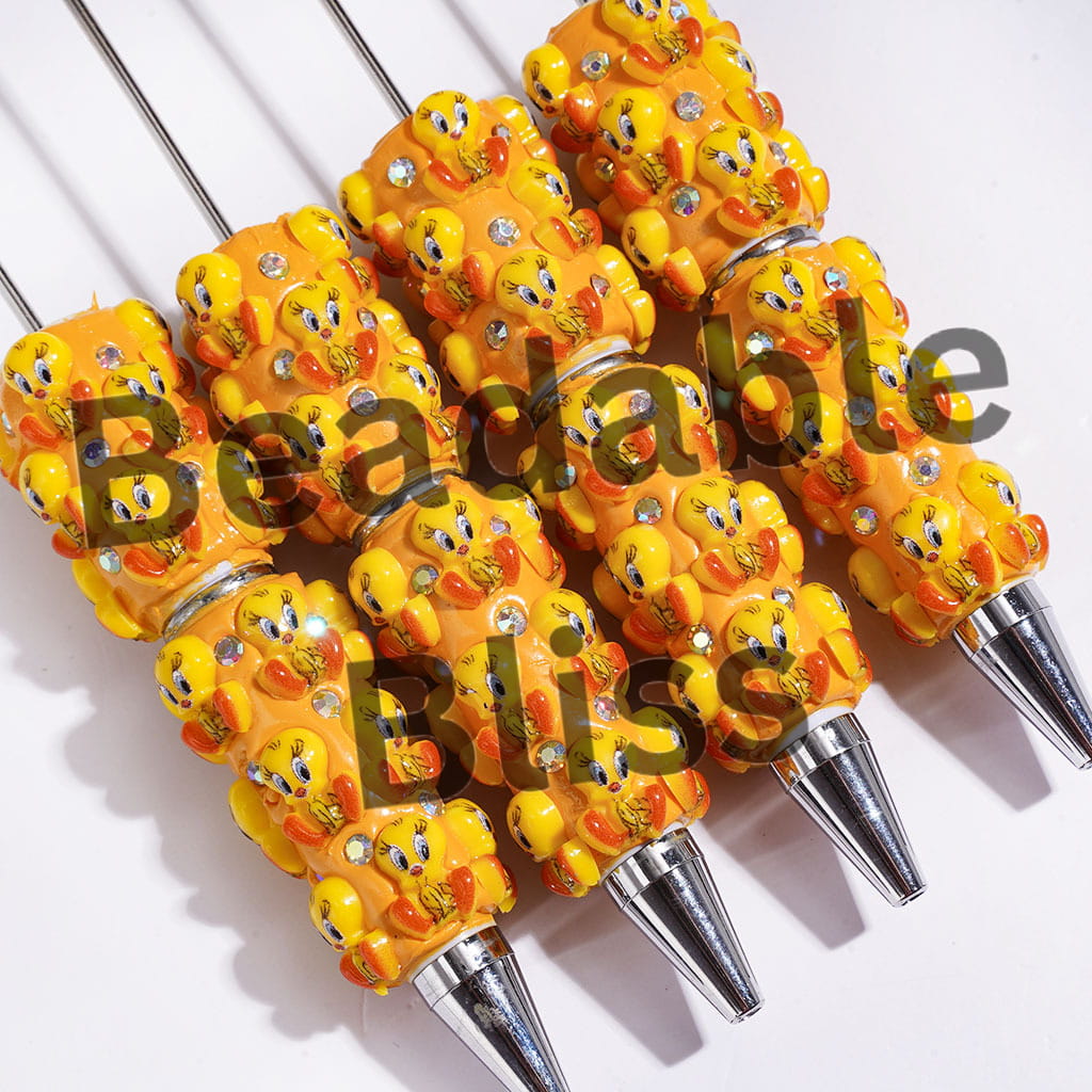 Beadable Clay Pens with Yellow Big Eyed Bird Character and AB Rhinestones