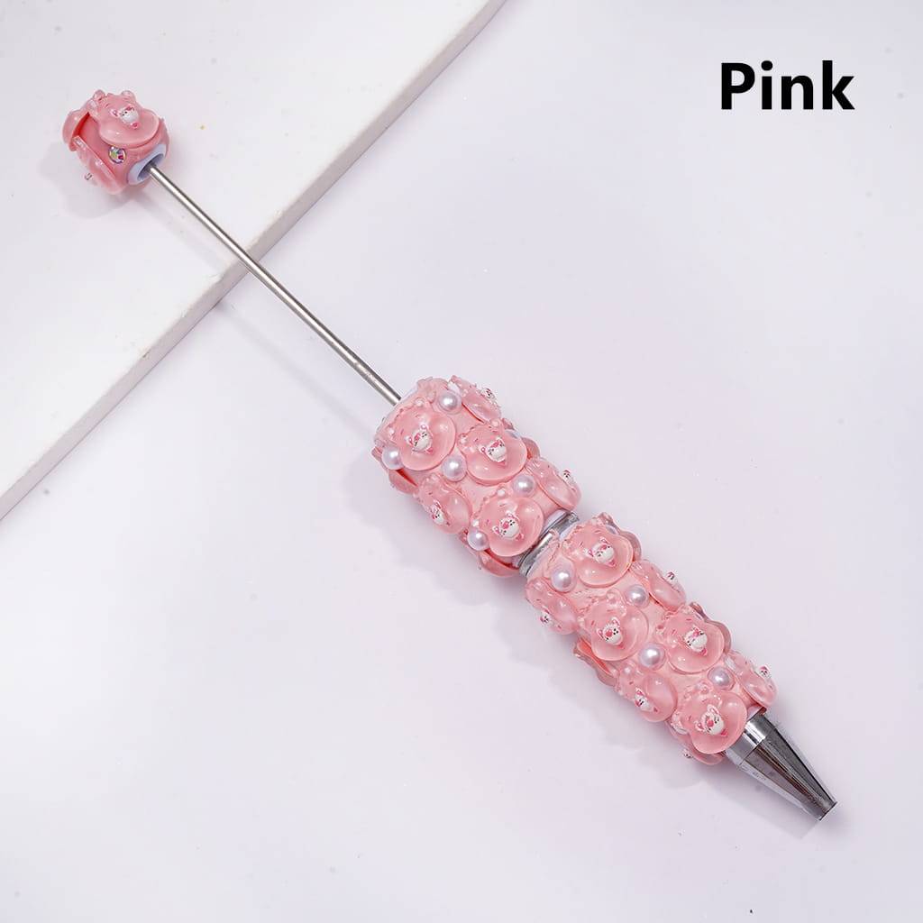 Beadable Clay Pen with Various Colors Cute Bear Face and White Pearls, Semi-Clear Color