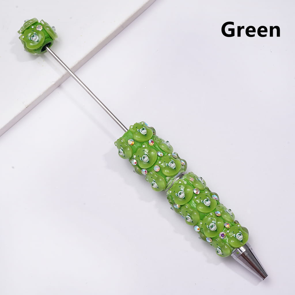 Beadable Clay Pen with Various Colors Cute Bear Face and White Pearls, Semi-Clear Color