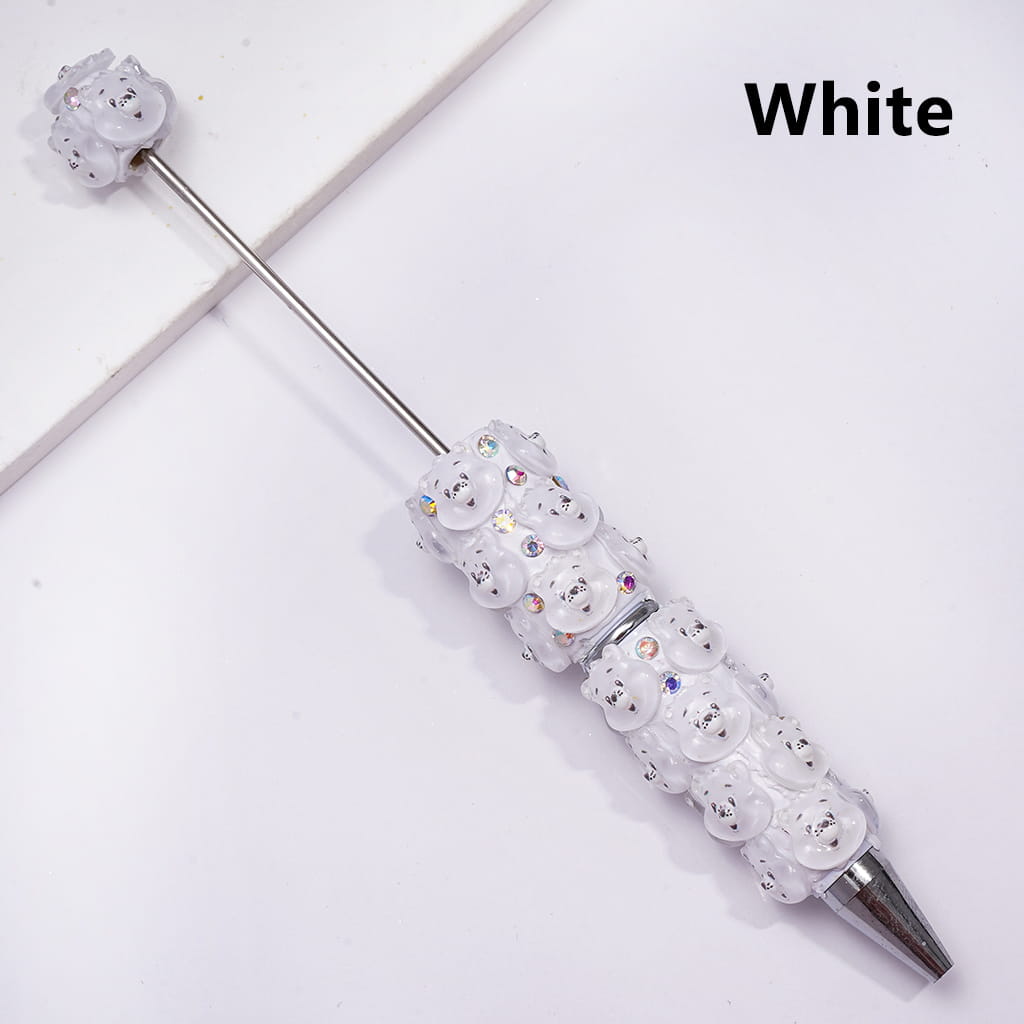 Beadable Clay Pen with Various Colors Cute Bear Face and White Pearls, Semi-Clear Color