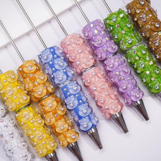 Beadable Clay Pen with Various Colors Cute Bear Face and White Pearls, Semi-Clear Color