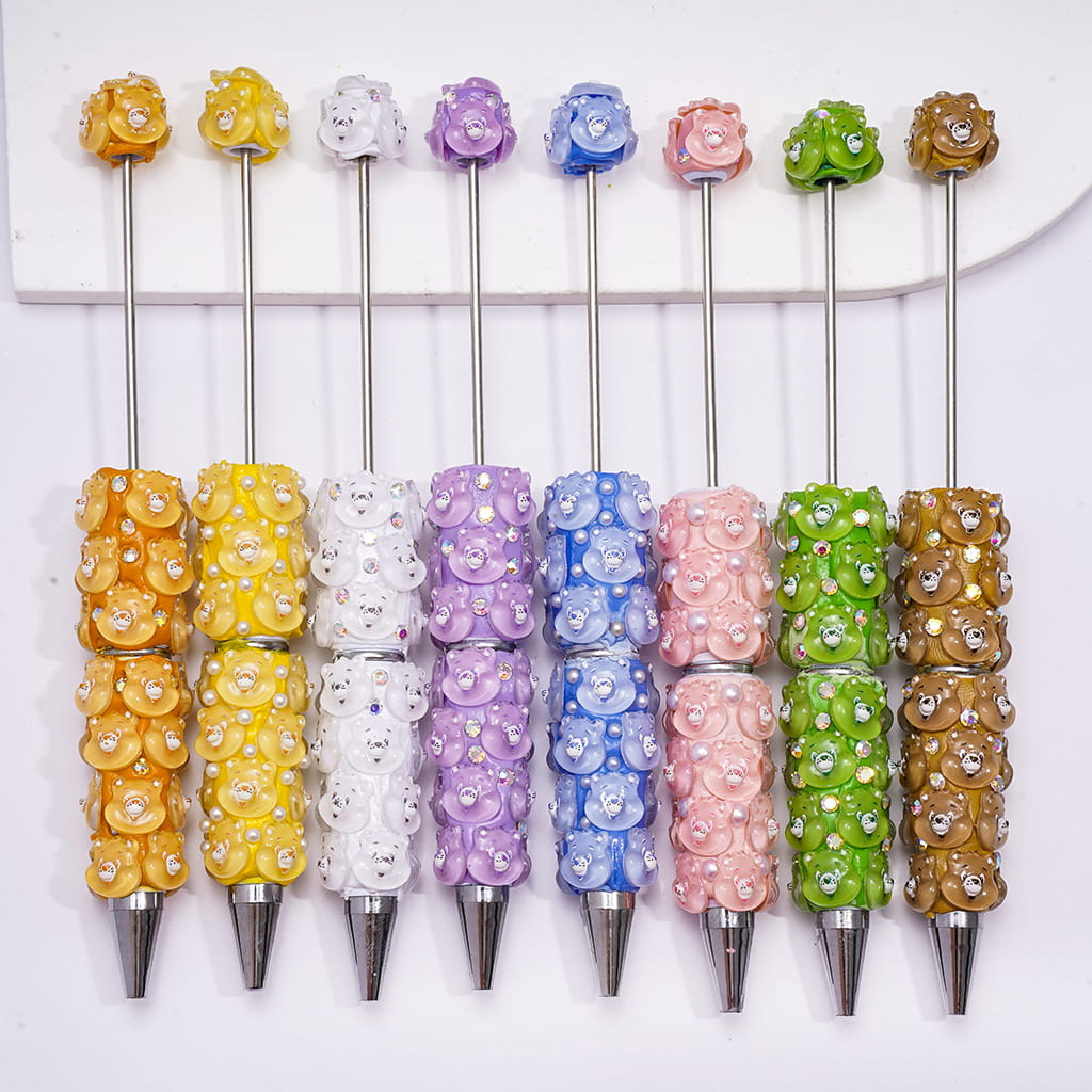 Beadable Clay Pen with Various Colors Cute Bear Face and White Pearls, Semi-Clear Color