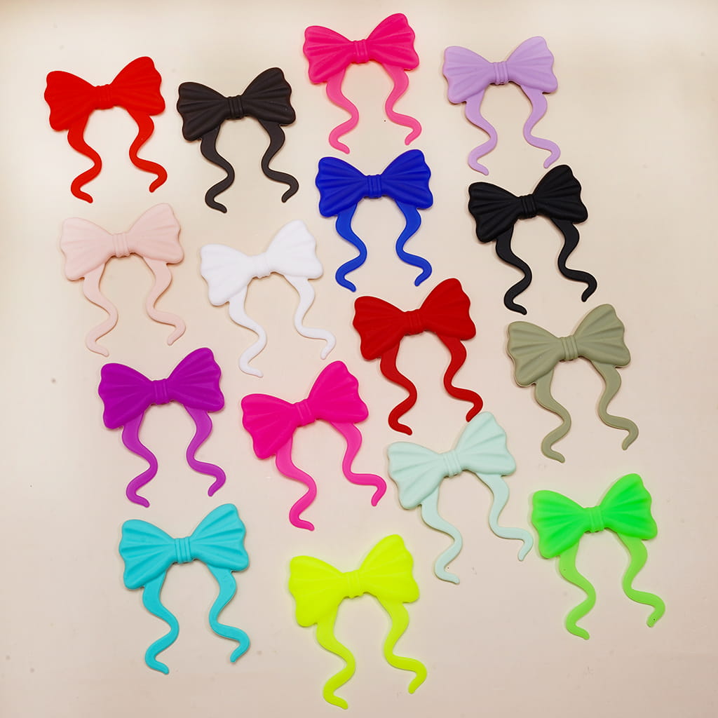 Silicone Focal Beads Soft Bowknot in Flat Shape, Neon Colors, Random Mix