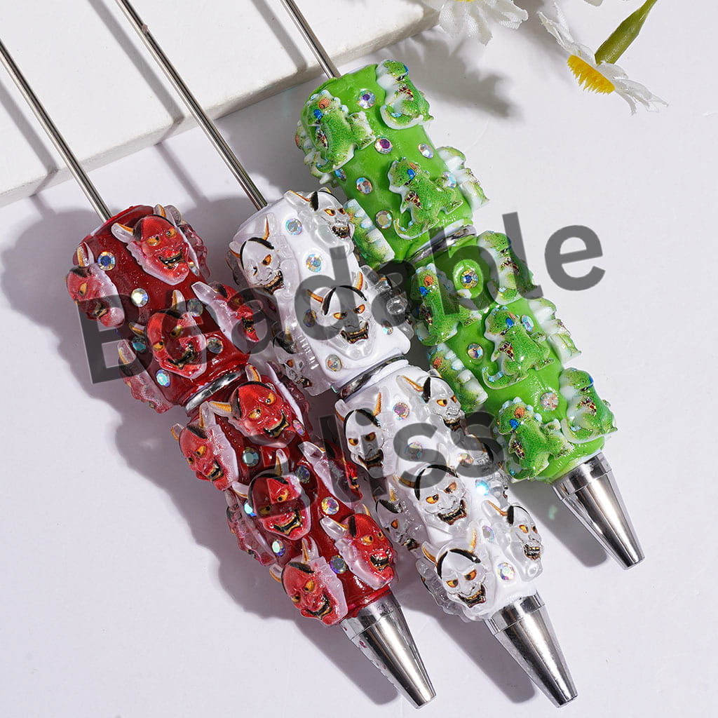 Beadable Clay Pens with Ghost Mask and Green Dinosaurs, AB Rhinestones, Multi-Color