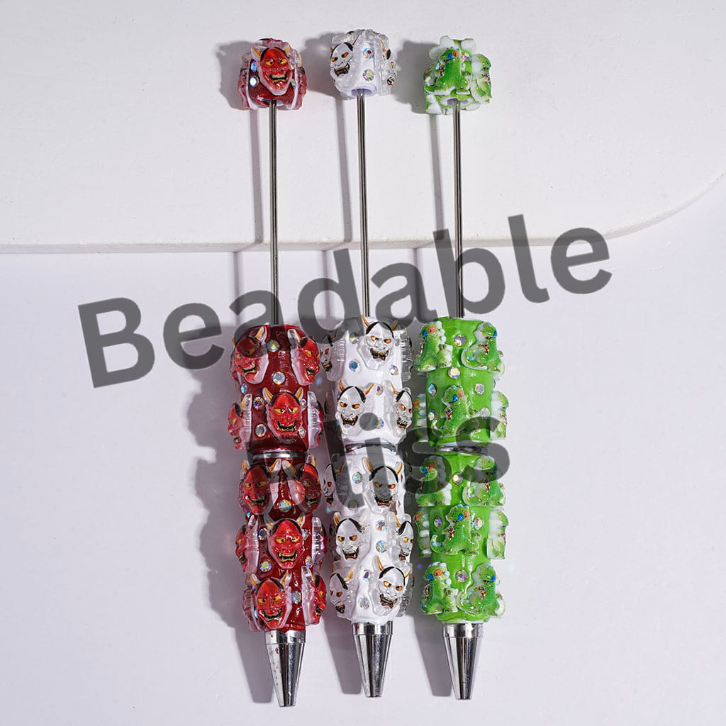 Beadable Clay Pens with Ghost Mask and Green Dinosaurs, AB Rhinestones, Multi-Color