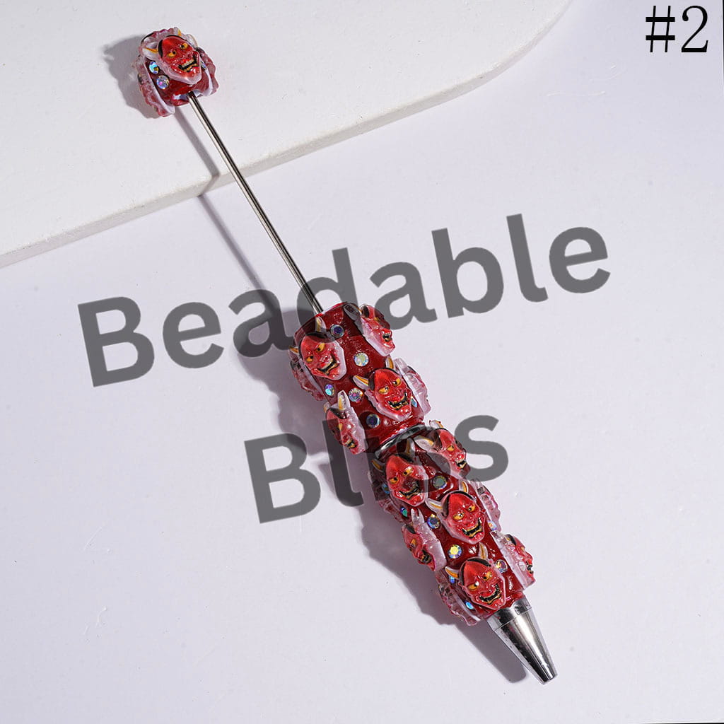 Beadable Clay Pens with Ghost Mask and Green Dinosaurs, AB Rhinestones, Multi-Color