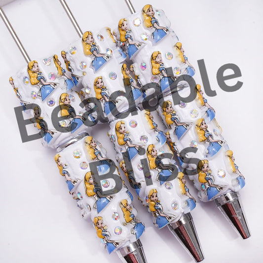 Beadable Clay Pens with AB Rhinestones & Yellow Haired Girl Character