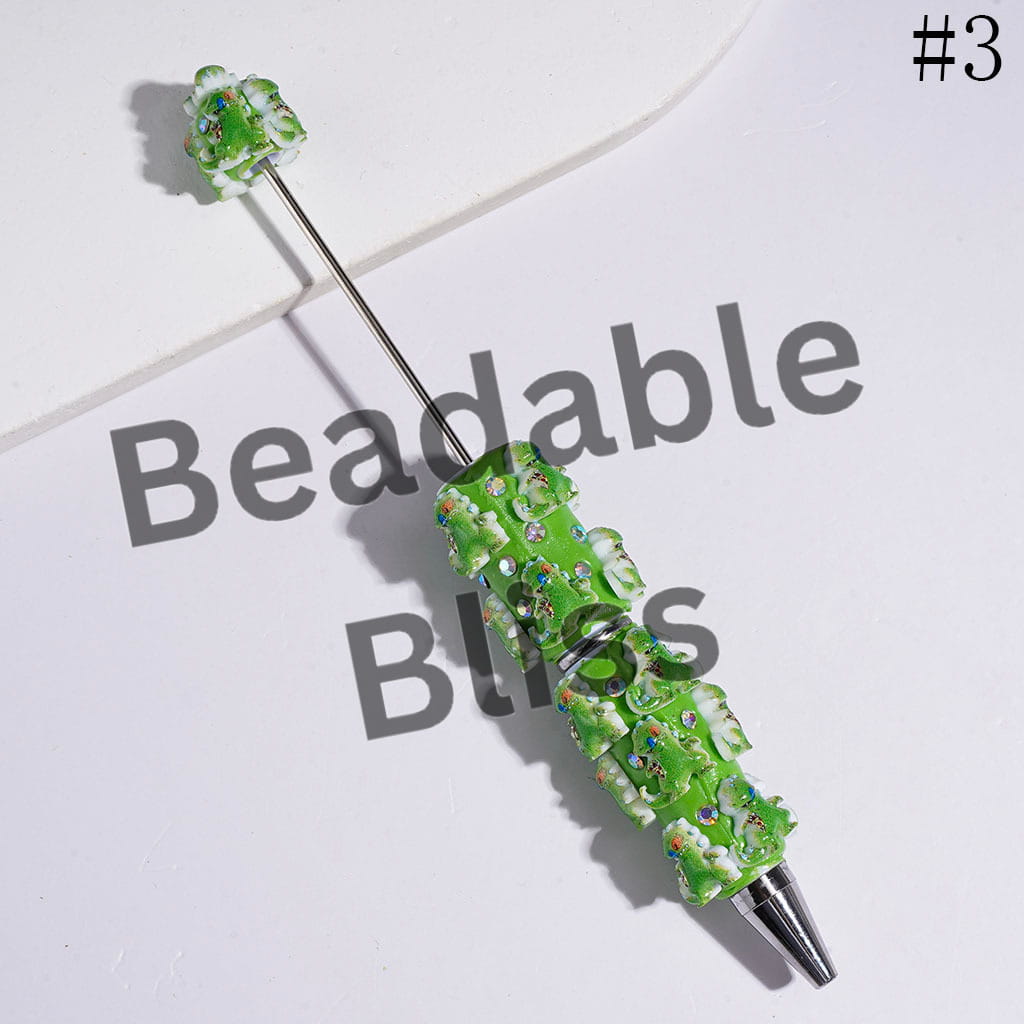 Beadable Clay Pens with Ghost Mask and Green Dinosaurs, AB Rhinestones, Multi-Color