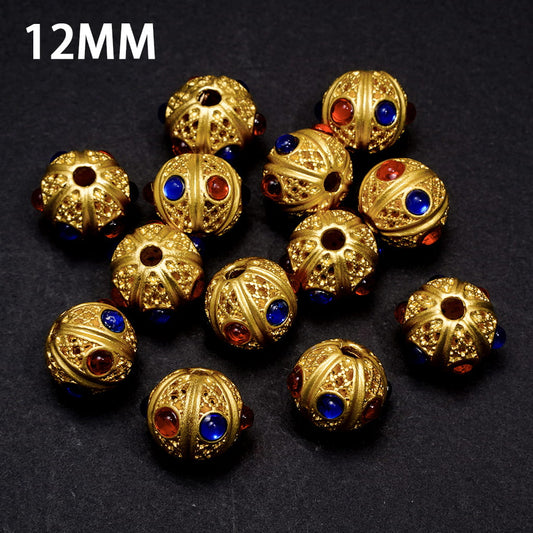 Gold Hollow Web Texture Alloy Beads Ball with Red and Blue Rhinestones, 12MM