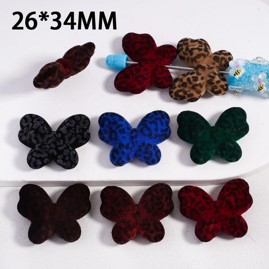 Acrylic Beads Flocked Fluffy Jaguar Printed Butterfly, 26*34MM, Random Mix