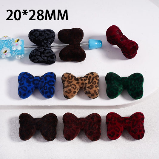 Acrylic Beads Flocked Fluffy Jaguar Printed Bowtie Bowknot, 20*28MM, Random Mix