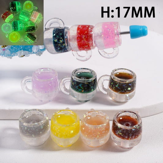 Acrylic Beads Luminous Cute Tea Cup Colorful Shiny Flakes Inside, 17MM, Random Mix