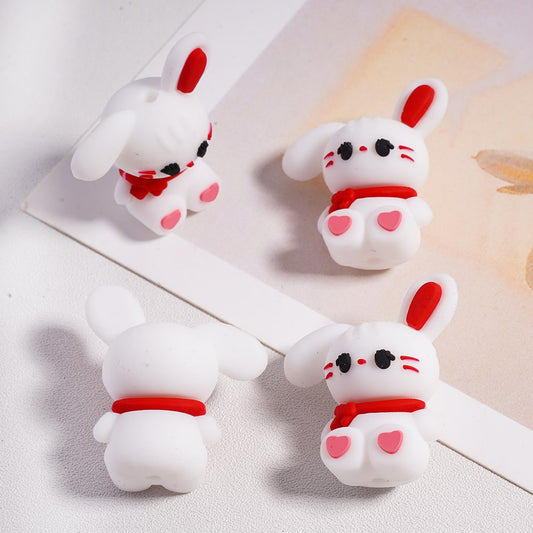 Silicone Focal Beads 3D Cute Bunny Rabbit with Red Scarf