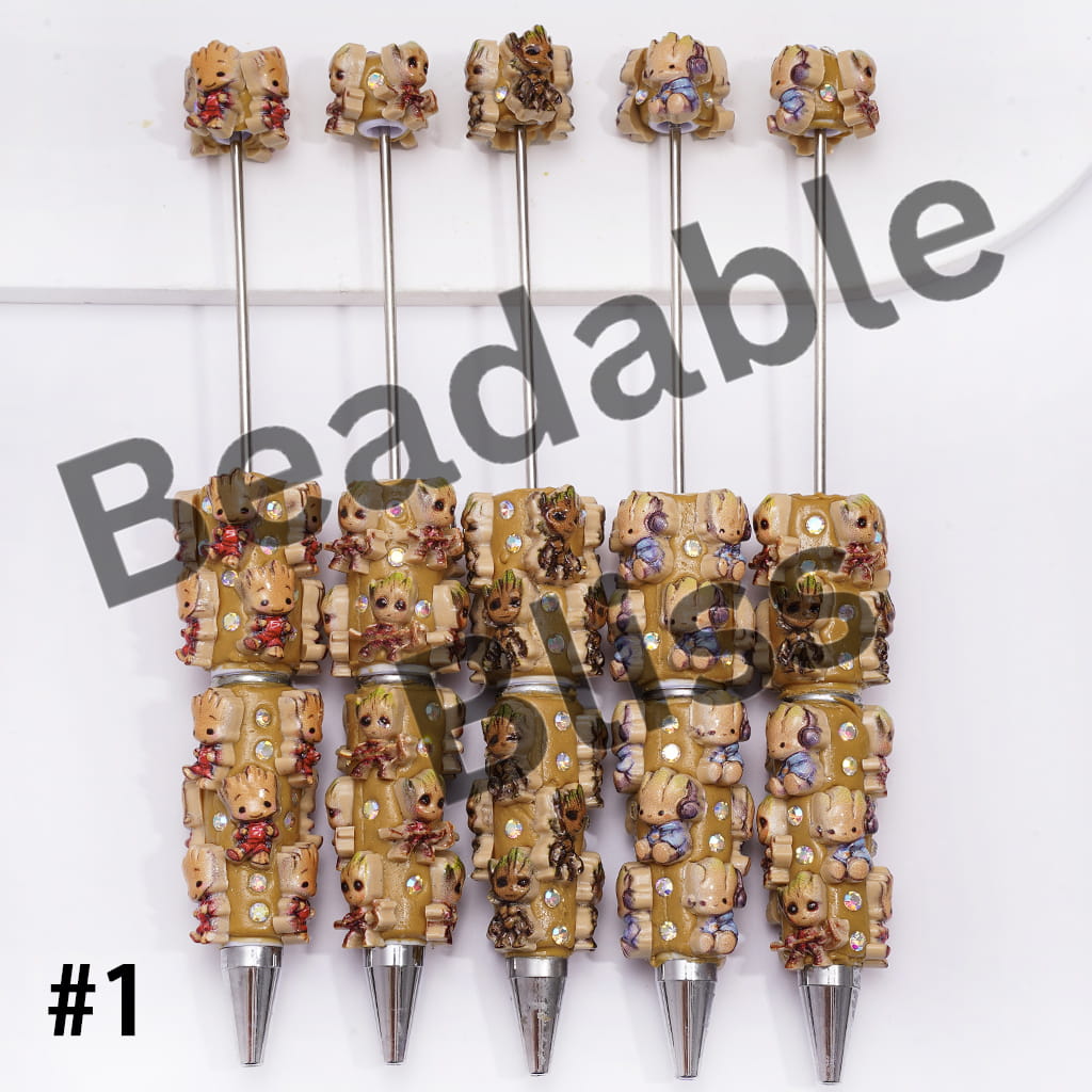 Beadable Clay Pens with Galaxy Guard Team Withered Wood Character in Various Style and AB Rhinestones, Black and Light Brown-Yellow Pen Body