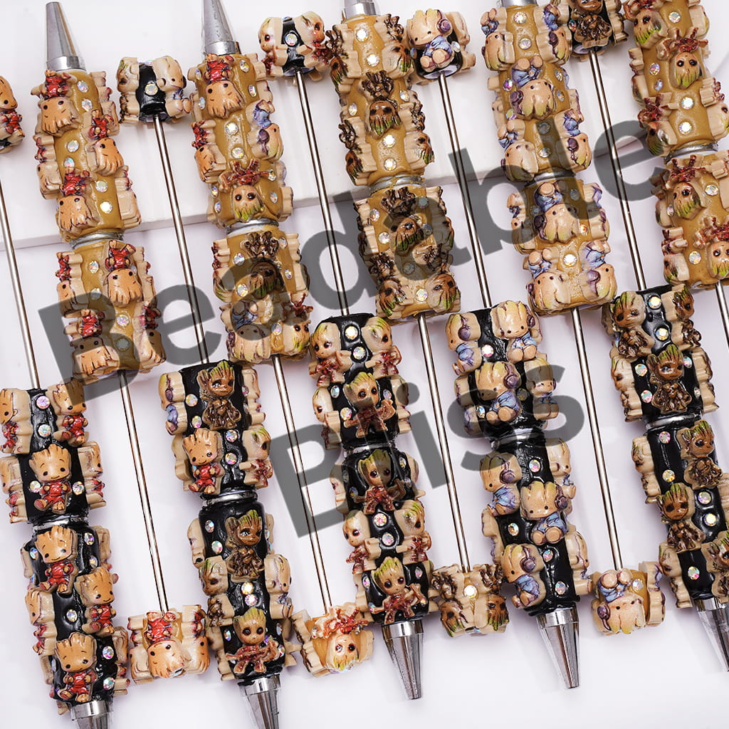 Beadable Clay Pens with Galaxy Guard Team Withered Wood Character in Various Style and AB Rhinestones, Black and Light Brown-Yellow Pen Body
