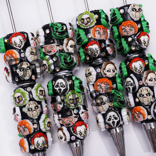 Beadable Clay Pens with AB Rhinestones and Spooky Character Series Halloween Theme on Black Body