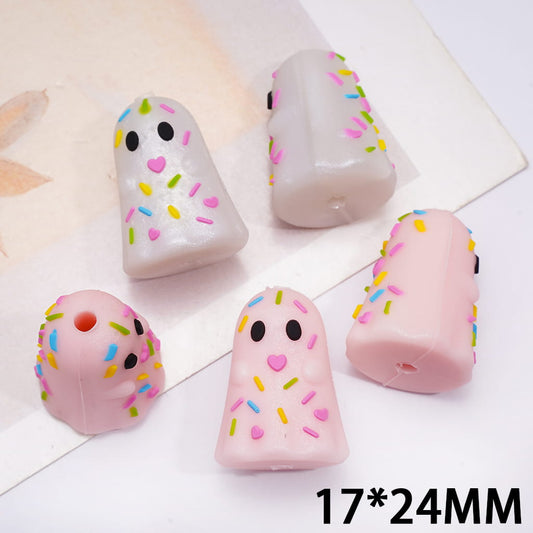 Silicone Focal Beads 3D Halloween Sprinkle Ghost, Pink and Silver White