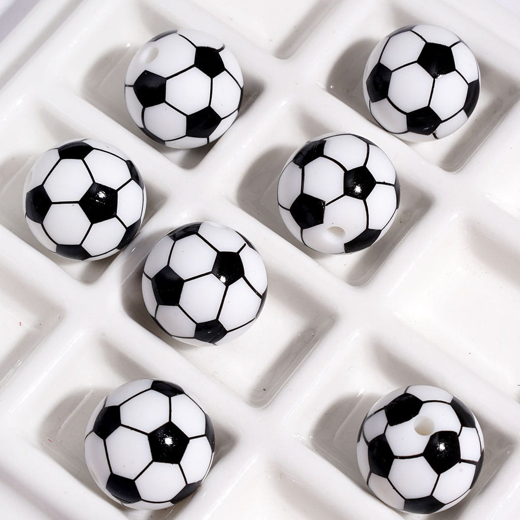 15MM - Printed Silicone Beads Soccer Ball Football Sports Theme, Multi-Color