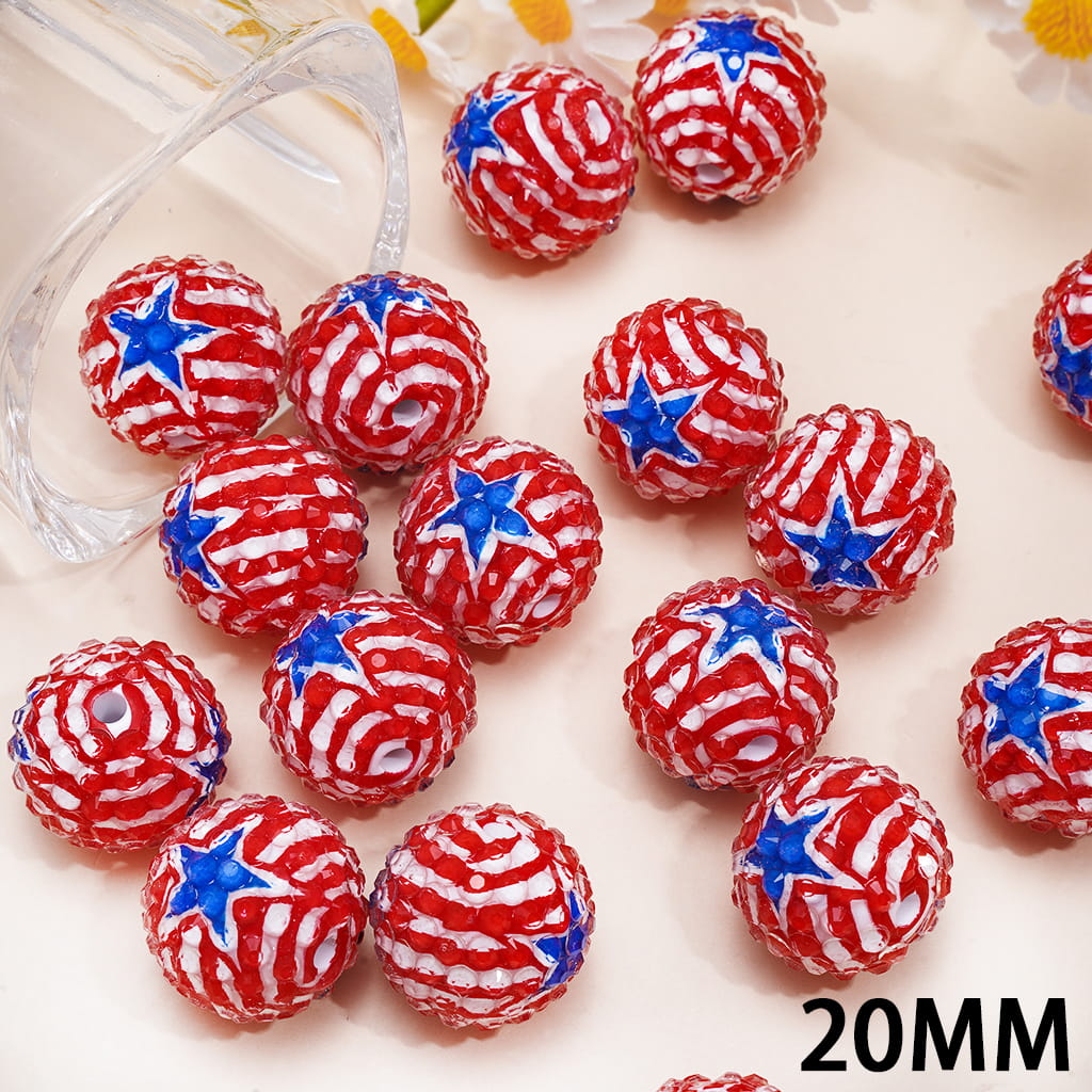 American Flag Acrylic Beads with Clear Rhinestones, 20MM