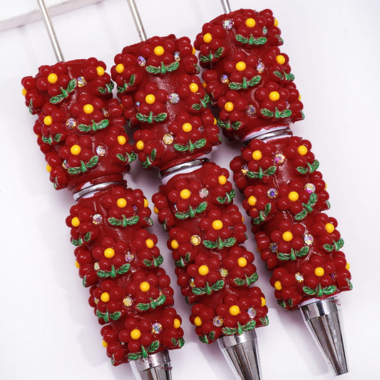 Beadable Clay Pens with Red Flowers and AB Rhinestones