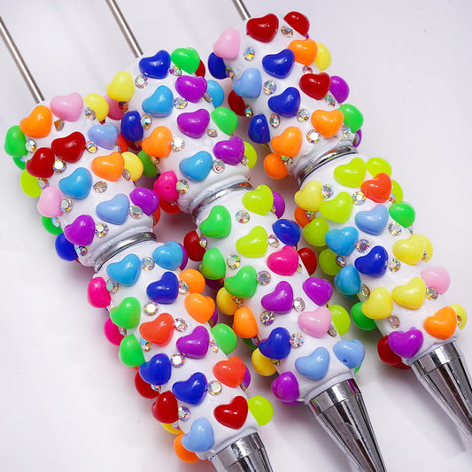 Beadable Clay Pens with Neon Colors Hearts and AB Rhinestones
