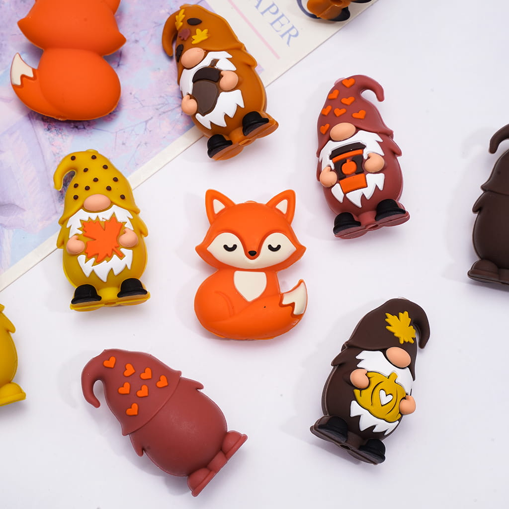 Silicone Focal Beads 3D Various Colors Gnome Elf Series and Sleeping Fox Autumn Theme