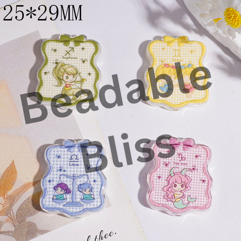 Twelve Constellation Baby Series Acrylic Beads, Wavy Edged Square with Bow, 25*29MM Random Mix