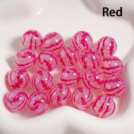 Pink marbled beads on a white background with 'Red' text.


