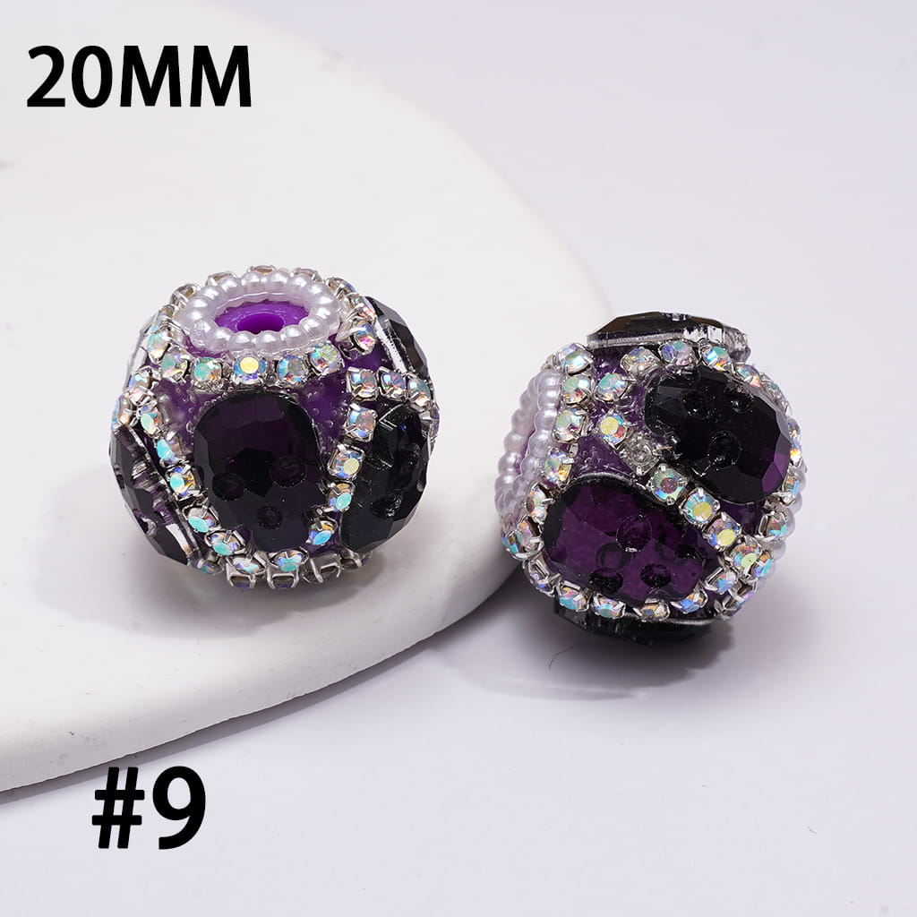 Handmade Acrylic Beads with Halloween Skull Face and AB Rhinestone Chains, White Pearl Chains, 20MM, Assorted Colors