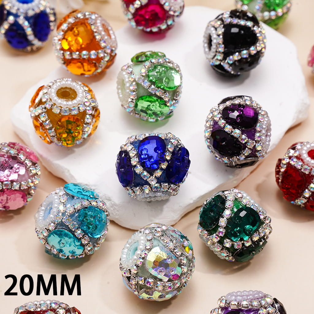 Handmade Acrylic Beads with Halloween Skull Face and AB Rhinestone Chains, White Pearl Chains, 20MM, Assorted Colors