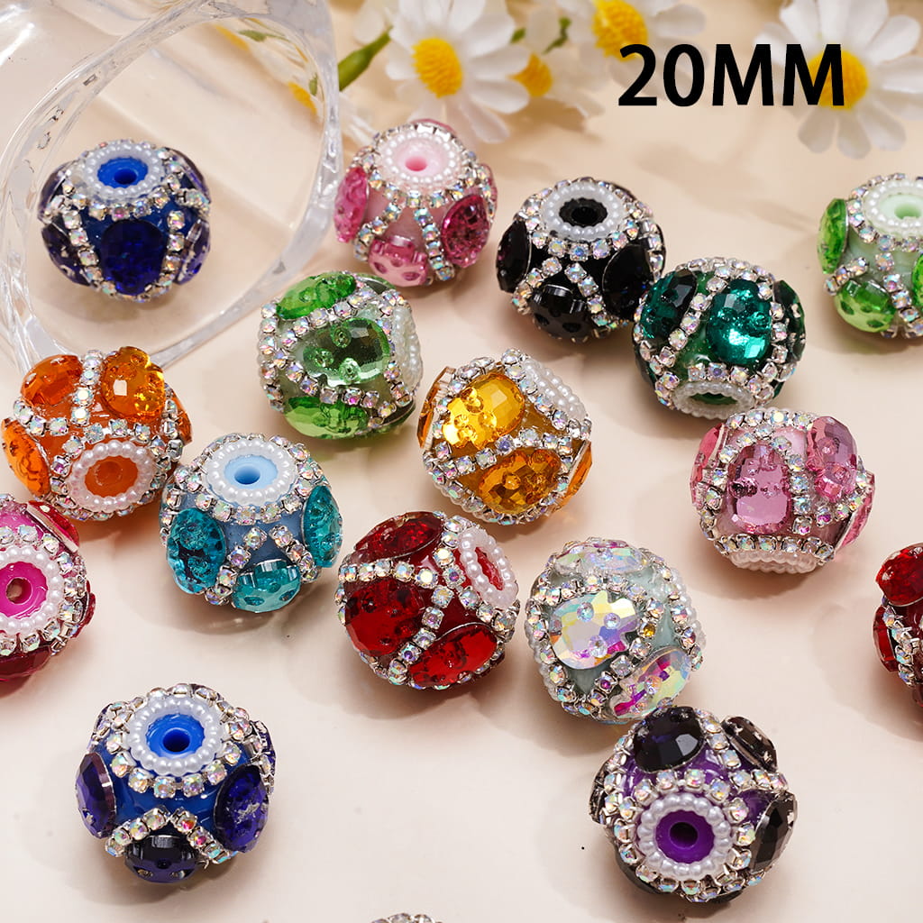 Handmade Acrylic Beads with Halloween Skull Face and AB Rhinestone Chains, White Pearl Chains, 20MM, Assorted Colors