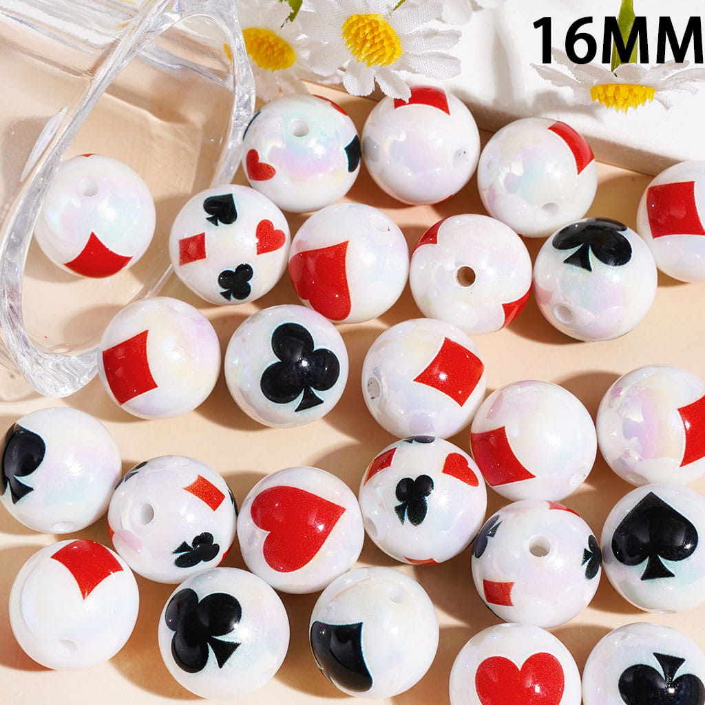 Acrylic Beads for Bracelets UV Coating with Poker Card Suits Prints, 16MM Random Mix
