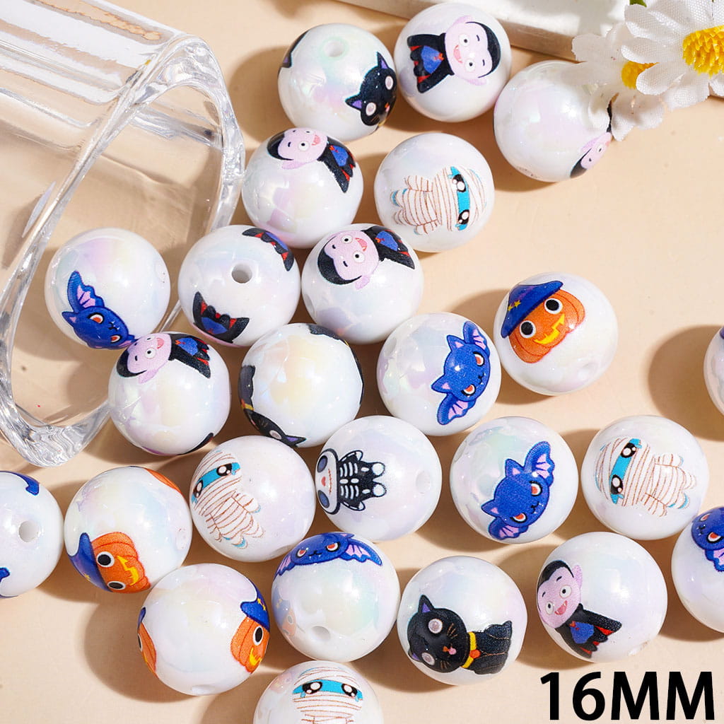 UV-Coated Acrylic Beads for Bracelets Halloween with Skeleton Pumpkins Mummies Vampires Black Cats Bat, 16MM Random Mix