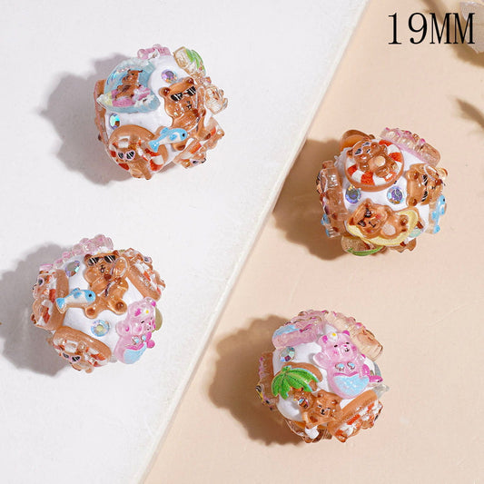 Clay Beads Happy Bear in Summer Holiday and AB Rhinestones, 19MM Random Mix